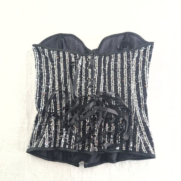 Glitter Sequin Bustier Lace Up Corset Zip Front Silver Black Women's Small - Picture 8 of 8